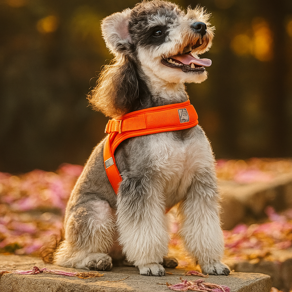 Açık havada turuncu eğitim tasması takmış, mutlu görünen küçük cins köpek poz veriyor