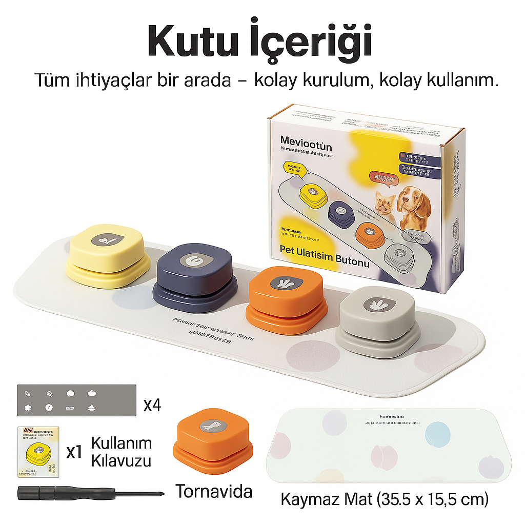 Sesli buton seti ve tüm kutu içeriği: kullanım kılavuzu, mat, tornavida ve 4 farklı renk buton