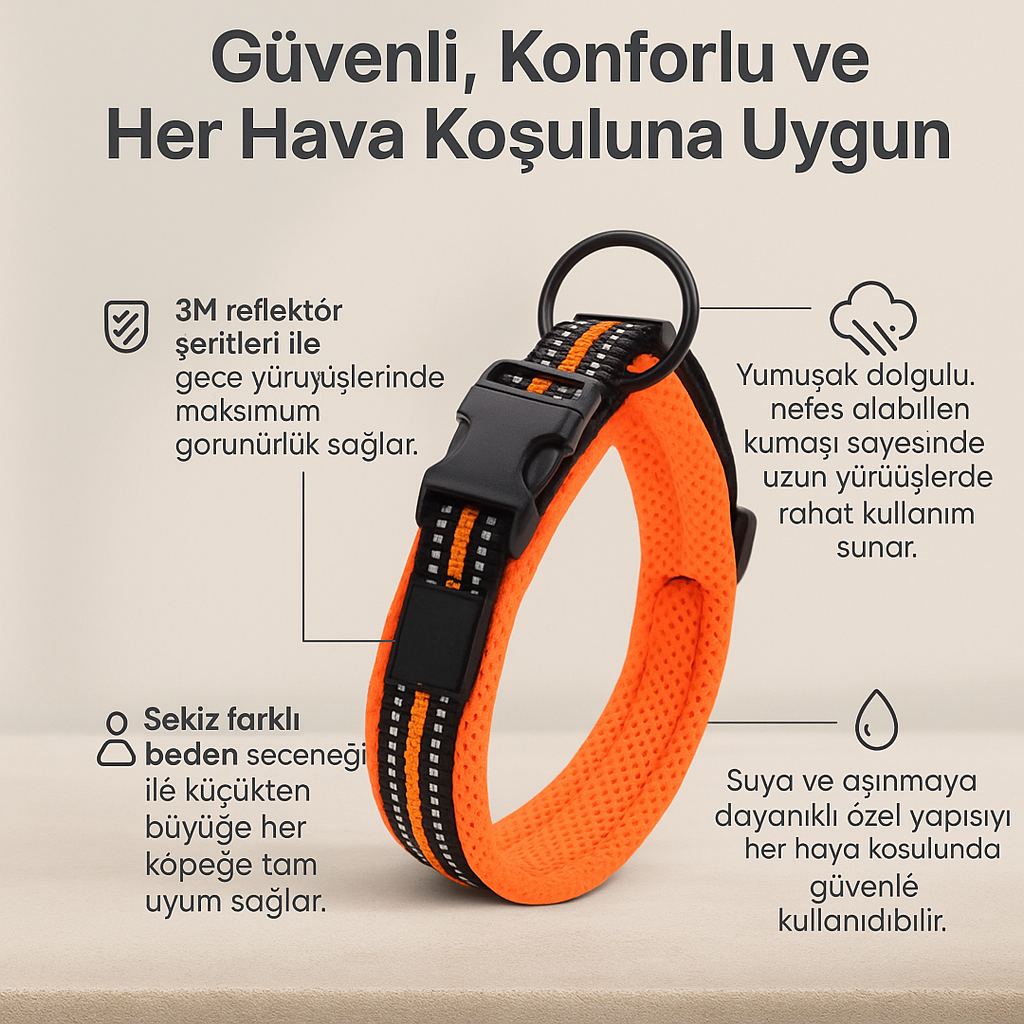 Turuncu renkte köpek boyun tasması kullanım açıklamalarıyla birlikte tanıtım görselinde yer alıyor.