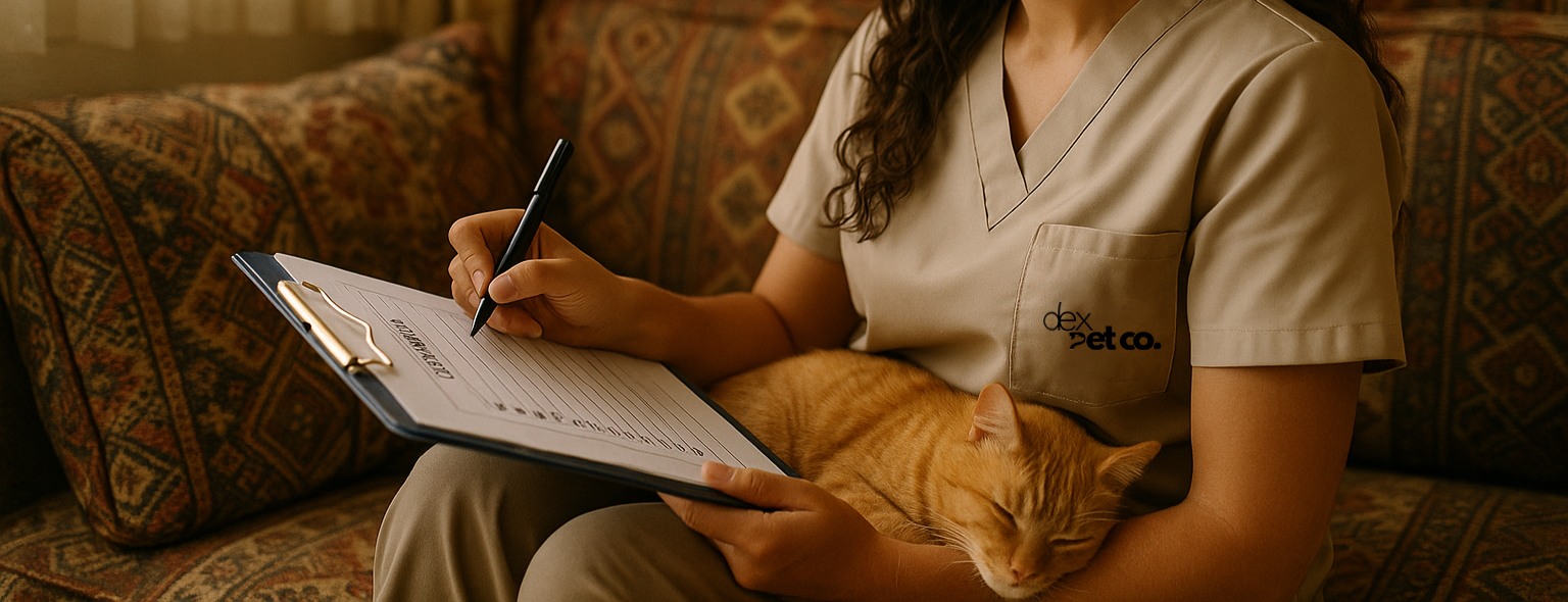 Evde kedi bakımı yapan uzman Dexpetco personeli, checklist ile profesyonel hizmet sunuyor.

