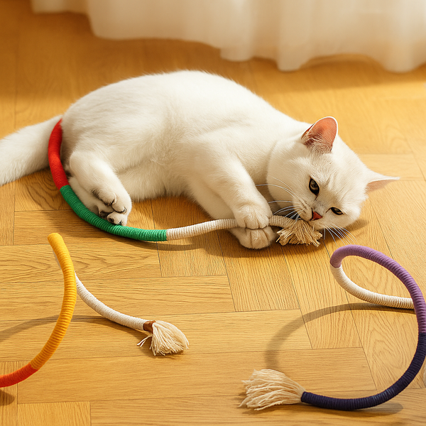 Renkli Pamuk İpli Kedi Oyuncağı – Diş Kaşıyıcı, İnteraktif ve Eğlenceli Oyun Halatı