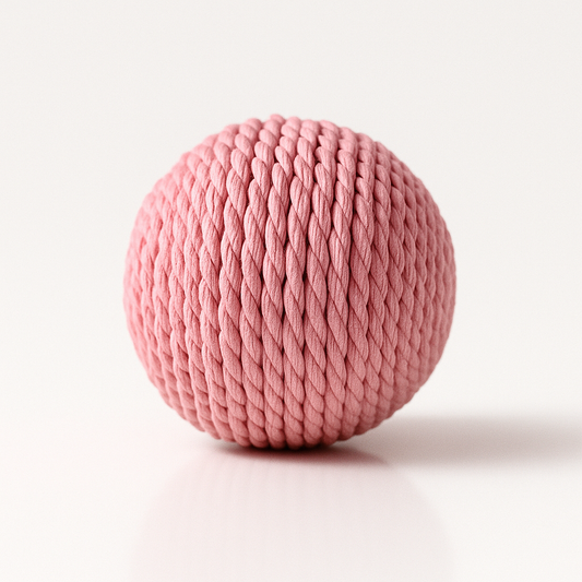 Pembe renkli doğal sisal ipten yapılmış 10 cm çapında tırmalama ve çiğneme topu, sade arka planda stüdyo çekimi