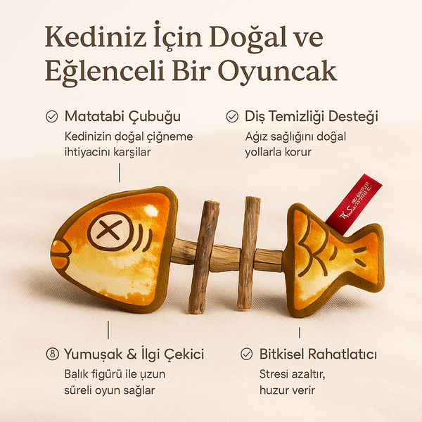 Üzerinde açıklayıcı bilgiler bulunan görsel: matatabi çubuğu, diş temizliği desteği, yumuşak doku ve bitkisel rahatlatıcı özellikler.