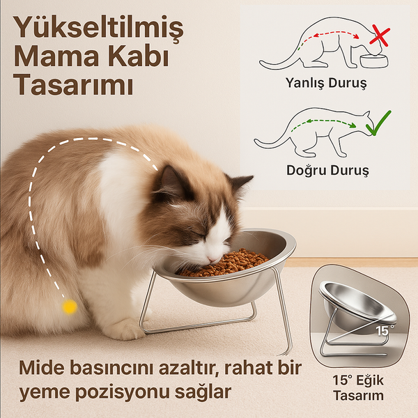 Paslanmaz Çelik Kedi Mama Kabı – Eğimli ve Metal Ayaklı Yükseltilmiş Hijyenik Su & Yemek Kabı